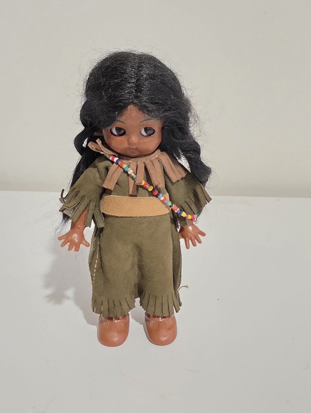 Vintage 6" Native American Indian Maiden Doll Faux Buckskin Fringe Dress Beads